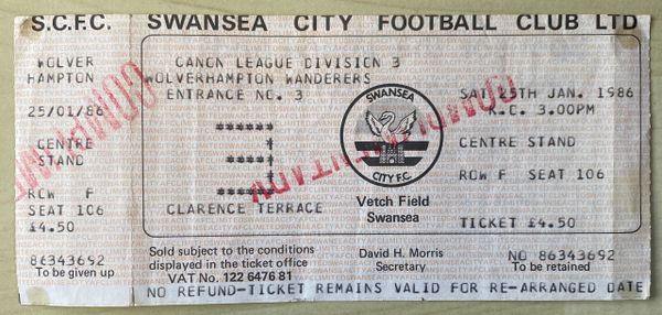 1985/86 ORIGINAL DIVISION THREE TICKET SWANSEA CITY V WOLVERHAMPTON WANDERERS