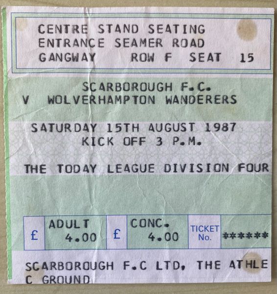 1987/88 ORIGINAL DIVISION FOUR TICKET SCARBOROUGH V WOLVERHAMPTON WANDERERS