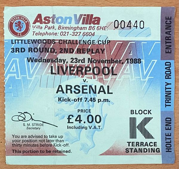 1988/89 ORIGINAL LITTLEWOODS LEAGUE CUP 3RD ROUND 2ND REPLAY TICKET ARSENAL V LIVERPOOL @ VILLA PARK (ARSENAL ALLOCATION)
