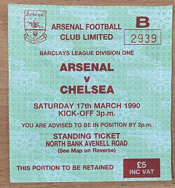 1989/90 ORIGINAL DIVISION ONE TICKET ARSENAL V CHELSEA