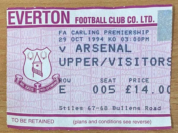 1994/95 ORIGINAL PREMIER LEAGUE TICKET EVERTON V ARSENAL (ARSENAL END)