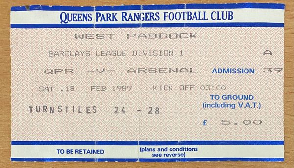 1988/89 ORIGINAL DIVISION ONE TICKET QUEENS PARK RANGERS V ARSENAL (VISITORS END)