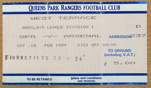 1988/89 ORIGINAL DIVISION ONE TICKET QUEENS PARK RANGERS V ARSENAL (VISITORS END)