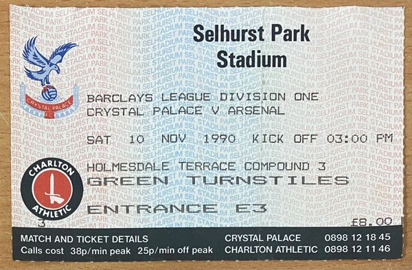 1990/91 ORIGINAL DIVISION ONE TICKET CRYSTAL PALACE V ARSENAL (VISITORS END)