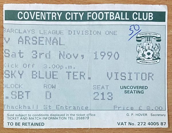 1990/91 ORIGINAL DIVISION ONE TICKET COVENTRY CITY V ARSENAL (VISITORS END)