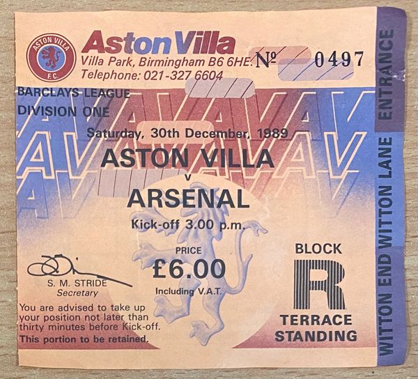 1989/90 ORIGINAL DIVISION ONE TICKET ASTON VILLA V ARSENAL (VISITORS END)