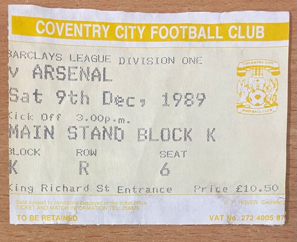 1989/90 ORIGINAL DIVISION ONE TICKET COVENTRY CITY V ARSENAL