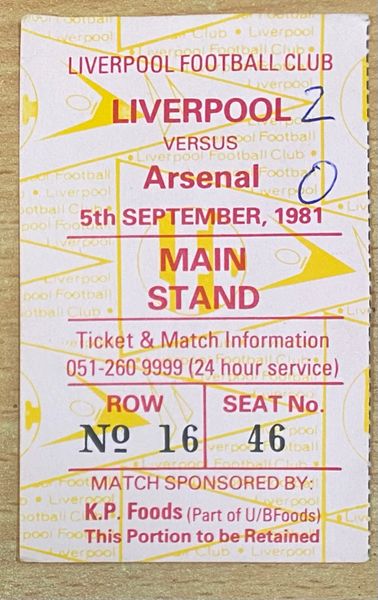 1981/82 ORIGINAL DIVISION ONE TICKET LIVERPOOL V ARSENAL