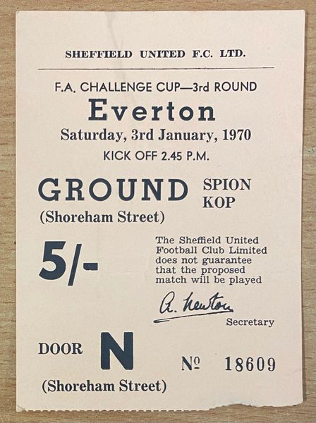 1969/70 ORIGINAL FA CUP 3RD ROUND TICKET SHEFFIELD UNITED V EVERTON