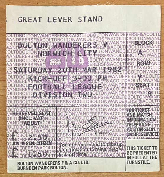 1981/82 ORIGINAL DIVISION TWO TICKET BOLTON WANDERERS V NORWICH CITY