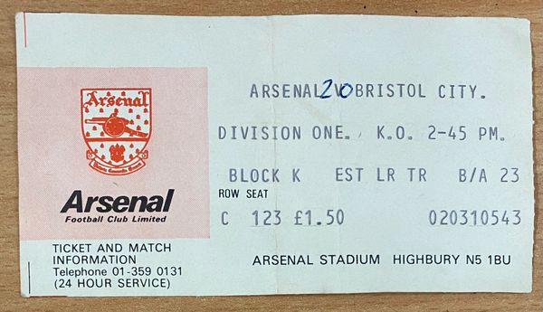 1978/79 ORIGINAL DIVISION ONE TICKET ARSENAL V BRISTOL CITY