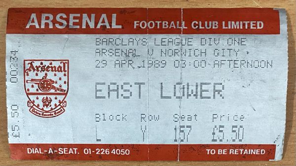 1988/89 ORIGINAL DIVISION ONE TICKET ARSENAL V NORWICH CITY