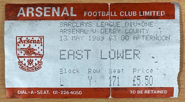 1988/89 ORIGINAL DIVISION ONE TICKET ARSENAL V DERBY COUNTY