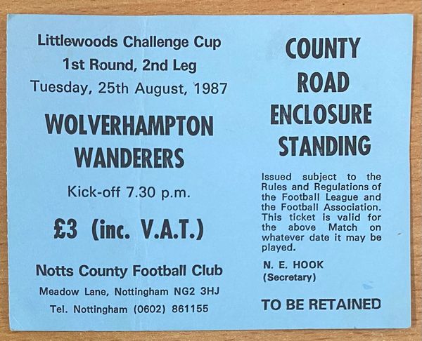 1987/88 ORIGINAL LITTLEWOODS LEAGUE CUP 1ST ROUND 2ND LEG TICKET NOTTS COUNTY V WOLVERHAMPTON WANDERERS