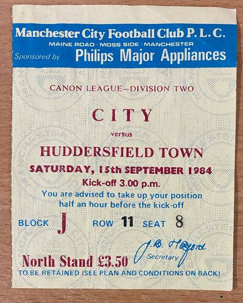 1984/85 ORIGINAL DIVISION TWO TICKET MANCHESTER CITY V HUDDERSFIELD TOWN