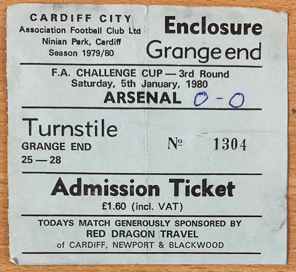 1979/80 ORIGINAL FA CUP 3RD ROUND TICKET CARDIFF CITY V ARSENAL (VISITORS END)