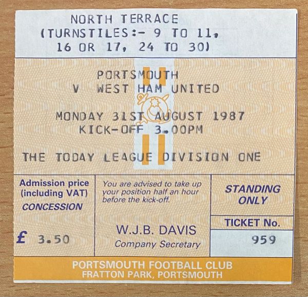 1987/88 ORIGINAL DIVISION ONE TICKET PORTSMOUTH V WEST HAM UNITED