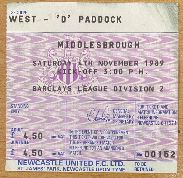 1989/90 ORIGINAL DIVISION TWO TICKET NEWCASTLE UNITED V MIDDLESBROUGH (VISITORS END)