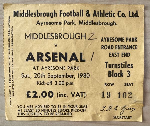 1980/81 ORIGINAL DIVISION ONE TICKET MIDDLESBROUGH V ARSENAL