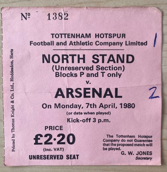 1979/80 ORIGINAL DIVISION ONE TICKET TOTTENHAM HOTSPUR V ARSENAL