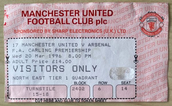 1995/96 ORIGINAL DIVISION ONE TICKET MANCHESTER UNITED V ARSENAL (VISITORS END)