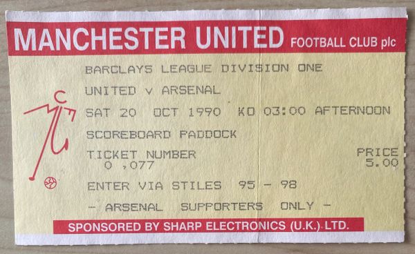 1990/91 ORIGINAL DIVISION ONE TICKET MANCHESTER UNITED V ARSENAL (VISITORS END)