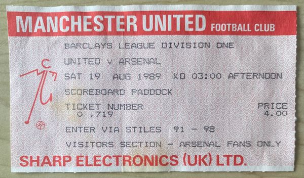 1989/90 ORIGINAL DIVISION ONE TICKET MANCHESTER UNITED V ARSENAL (VISITORS END)