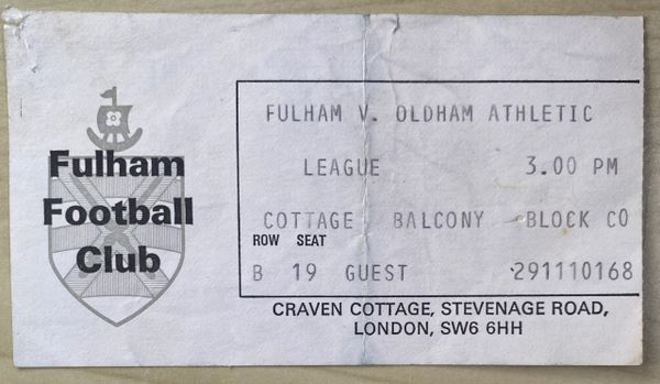 1976/77 ORIGINAL DIVISION TWO TICKET FULHAM V OLDHAM ATHLETIC