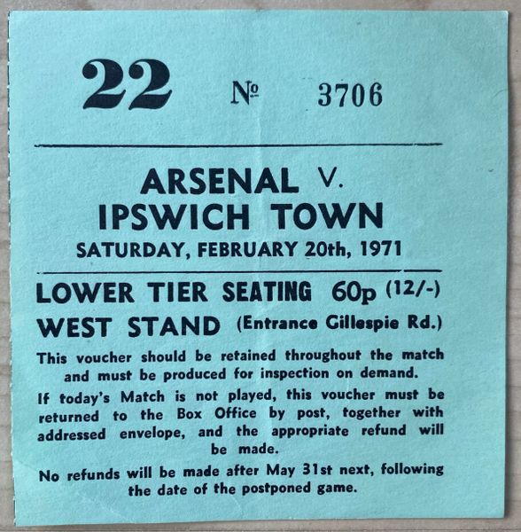 1970/71 ORIGINAL DIVISION ONE TICKET ARSENAL V IPSWICH TOWN