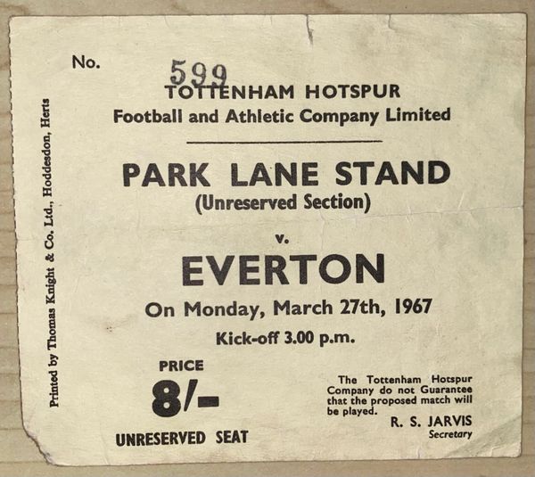 1966/67 ORIGINAL DIVISION ONE TICKET TOTTENHAM HOTSPUR V EVERTON