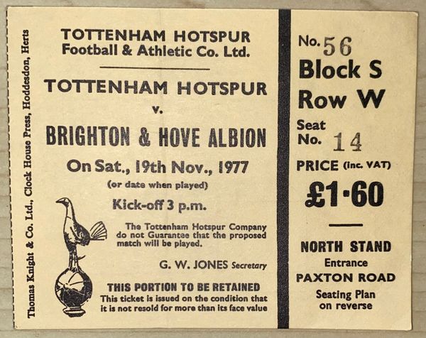 1977/78 ORIGINAL DIVISION TWO TICKET TOTTENHAM HOTSPUR V BRIGHTON AND HOVE ALBION