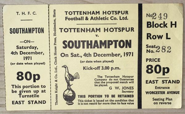 1971/72 ORIGINAL UNUSED DIVISION ONE TICKET TOTTENHAM HOTSPUR V SOUTHAMPTON