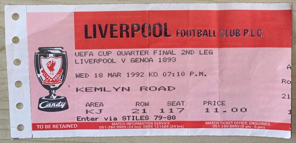 1991/92 ORIGINAL UEFA CUP QUARTER FINAL 2ND LEG TICKET LIVERPOOL V GENOA