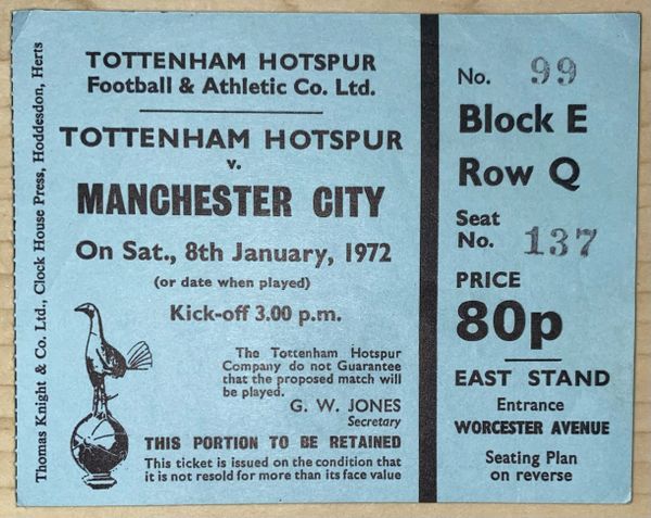 1971/72 ORIGINAL DIVISION ONE TICKET TOTTENHAM HOTSPUR V MANCHESTER CITY