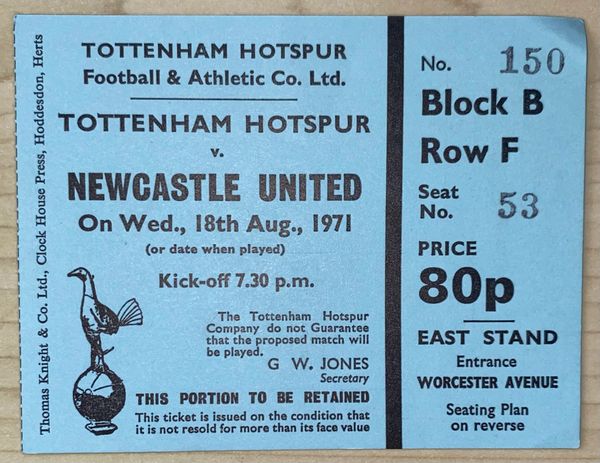 1971/72 ORIGINAL DIVISION ONE TICKET TOTTENHAM HOTSPUR V NEWCASTLE UNITED