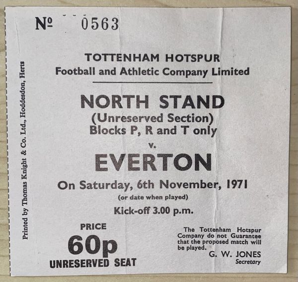 1971/72 ORIGINAL DIVISION ONE TICKET TOTTENHAM HOTSPUR V EVERTON