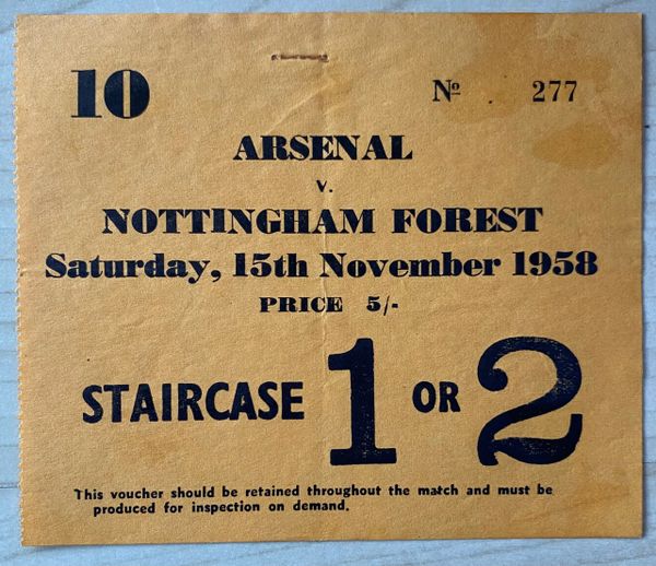 1958/59 ORIGINAL DIVISION ONE TICKET ARSENAL V NOTTINGHAM FOREST