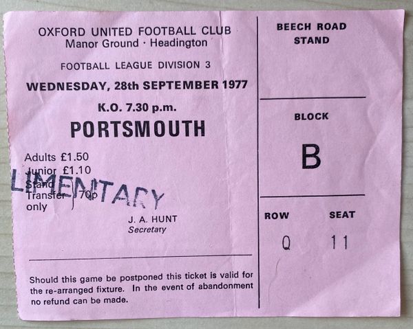 1977/78 ORIGINAL DIVISION THREE TICKET OXFORD UNITED V PORTSMOUTH