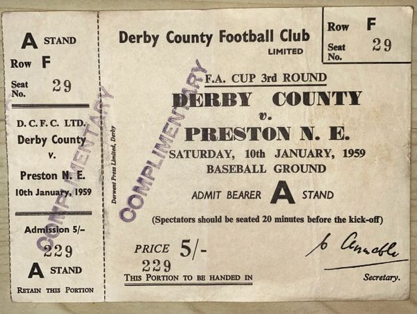 1958/59 ORIGINAL FA CUP 3RD ROUND TICKET DERBY COUNTY V PRESTON NORTH END