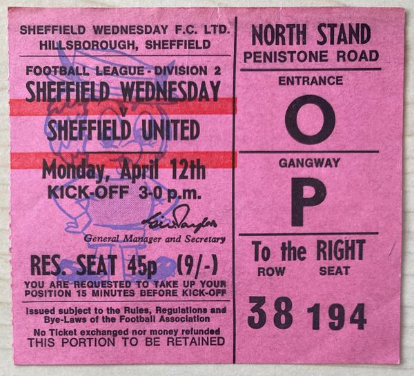 1970/71 ORIGINAL DIVISION TWO TICKET SHEFFIELD WEDNESDAY V SHEFFIELD UNITED