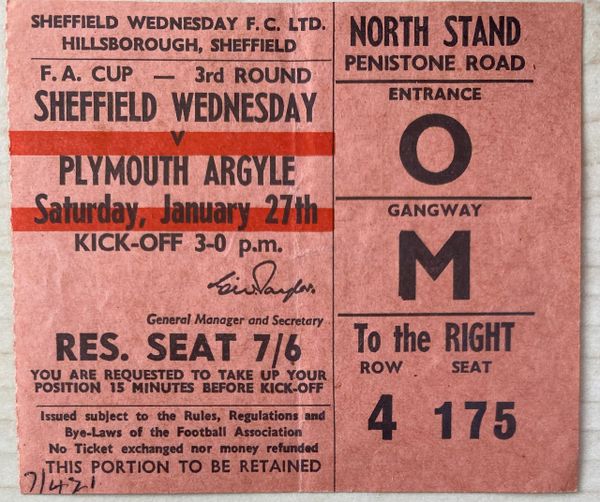 1967/68 ORIGINAL FA CUP 3RD ROUND TICKET SHEFFIELD WEDNESDAY V PLYMOUTH ARGYLE