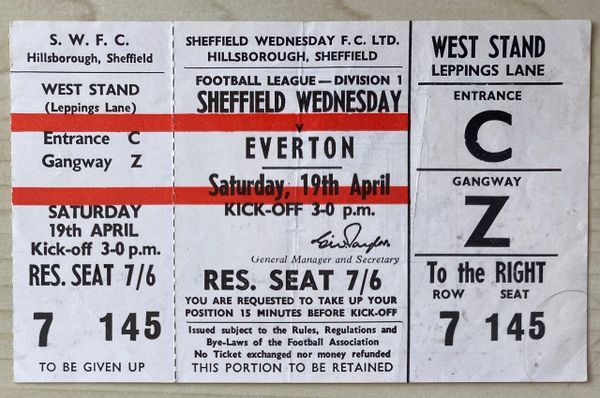 1968/69 ORIGINAL UNUSED DIVISION ONE TICKET SHEFFIELD WEDNESDAY V EVERTON