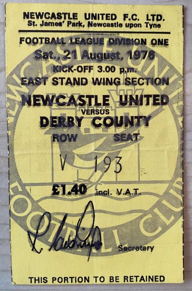 1976/77 ORIGINAL DIVISION ONE TICKET V NEWCASTLE UNITED V DERBY COUNTY