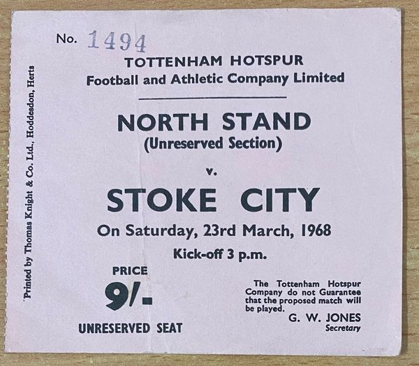 1967/68 ORIGINAL DIVISION ONE TICKET TOTTENHAM HOTSPUR V STOKE CITY