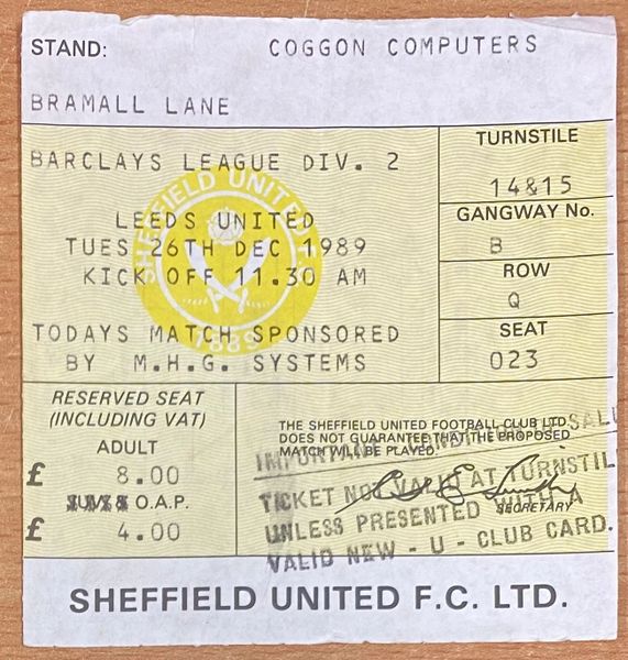 1989/90 ORIGINAL DIVISION TWO TICKET SHEFFIELD UNITED V LEEDS UNITED (LEEDS UTD ALLOCATION)
