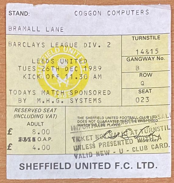 1989/90 ORIGINAL DIVISION TWO TICKET SHEFFIELD UNITED V LEEDS UNITED (LEEDS UTD ALLOCATION)