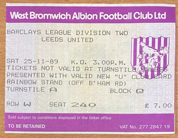1989/90 ORIGINAL DIVISION TWO TICKET WEST BROMWICH ALBION V LEEDS UNITED (LEEDS UTD ALLOCATION)