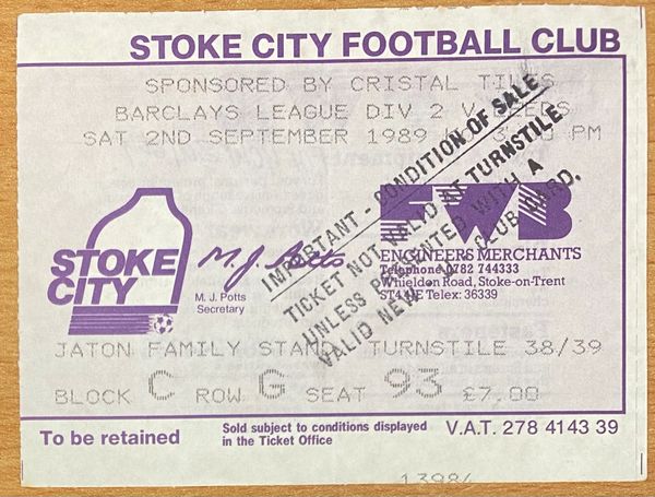 1989/90 ORIGINAL DIVISION TWO TICKET STOKE CITY V LEEDS UNITED (LEEDS UTD ALLOCATION)