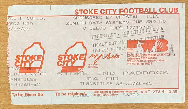 1989/90 ORIGINAL UNUSED ZENITH DATA SYSTEMS CUP 3RD ROUND TICKET STOKE CITY V LEEDS UNITED (LEEDS UTD ALLOCATION)