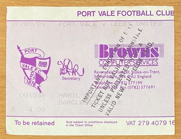 1989/90 ORIGINAL DIVISION TWO TICKET PORT VALE V LEEDS UNITED (LEEDS UTD ALLOCATION)